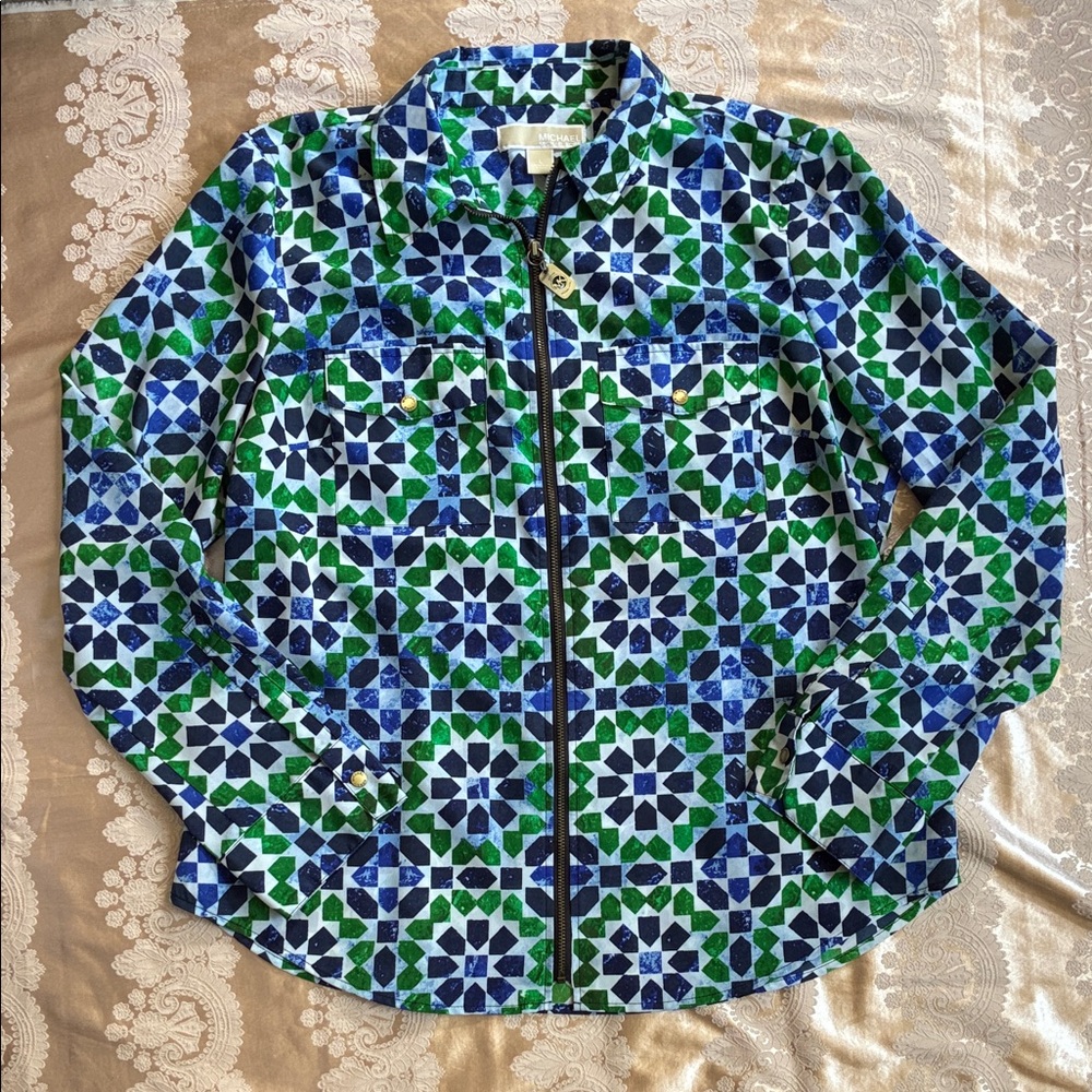 Michael Kors Blue and Green Geometric Print Top